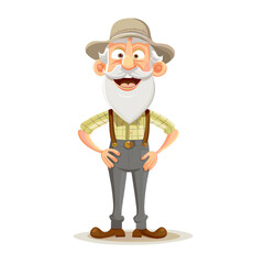 Elderly farmer with white beard standing with hands on hips

