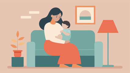 Tender Motherly Love: A Flat-Color Illustration of a Happy Mother Cherishing Her Newborn Infant, a Heartwarming Scene of Maternal Bond, Perfect for Mother's Day Cards, Websites,   