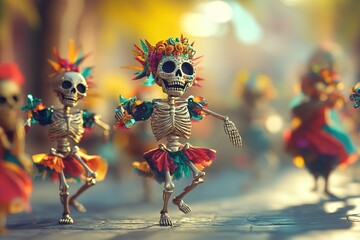 miniature people in Glossy shinny Intricate colorful Intricate golden, rule of thirds, banner design without text Day of the dead rule of thirds, corner right side placed, and blank 