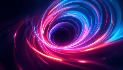Abstract digital rendering of a swirling vortex of light against a dark background, neon color palette