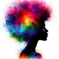 Vibrant Rainbow Silhouette of a Black Woman with an Afro Haircut with Colorful Paint Explosion Effect, Celebrating Diversity and Creativity