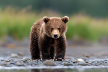 Fototapeta premium photo of a brown bear standing on the shore, looking at the camera, full-body shot, in alaska's icy wilderness
