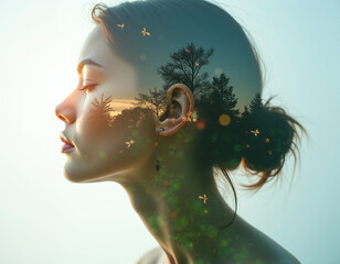 Double exposure of a woman in a surreal natural environment.