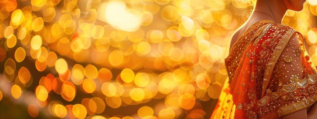 Woman wearing a red and gold sari is standing in front of a blurry background