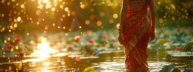Woman in a red sari is walking through a body of water