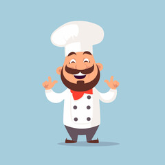 A happy cartoon chef with a beard, wearing a white uniform and red scarf, making an "okay" gesture, representing culinary expertise and hospitality