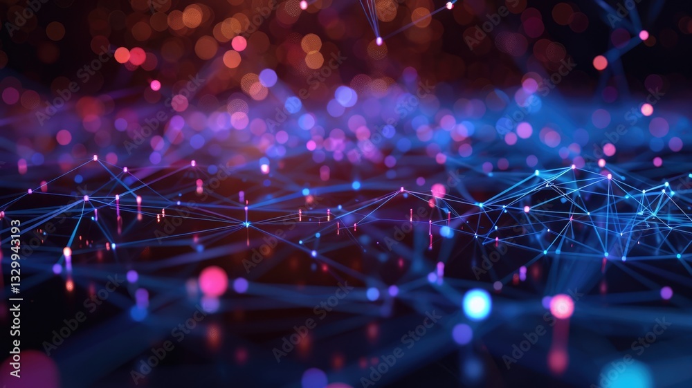 Poster Explore a vibrant digital 3D model showcasing interconnected coins in an abstract setting. The scene features colorful lights and network structures.