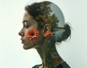 Double exposure of a woman in a surreal natural environment.
