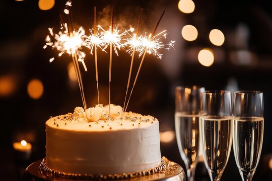 Cake with glowing sparklers, surrounded by champagne glasses against a dark background. Birthday or wedding celebration with decorated cake. Party time.