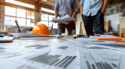 Two men are standing in front of a table with papers and a helmet
