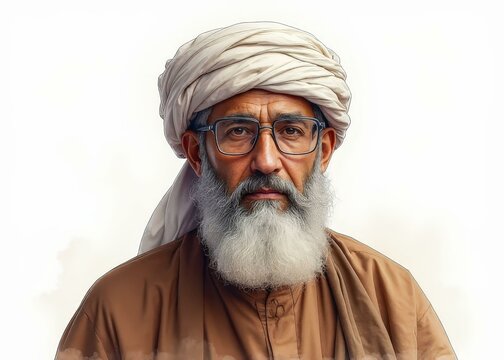Elderly Middle Eastern Man in White Turban and Brown Robe, Watercolor Illustration