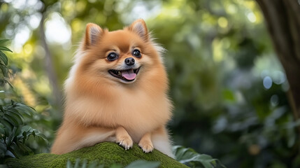 Obraz premium Cute happy Pomeranian dog at outdoor park, copy space. Wallpaper, banner for pet services, Gotcha day