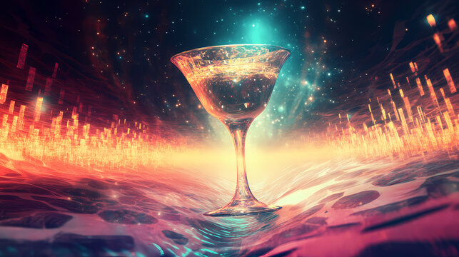 A glowing futuristic goblet stands amidst a cosmic light pattern, offering a surreal depiction of elegance and mystique in a visually captivating abstract style. Surreal Luminance. Illustration