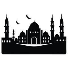  Silhouette of an Islamic mosque with minarets and crescent moons in the night sky
