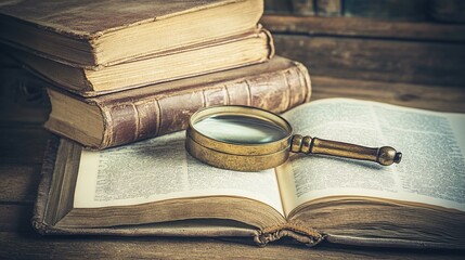 Antique magnifying glass on old books, library setting, research