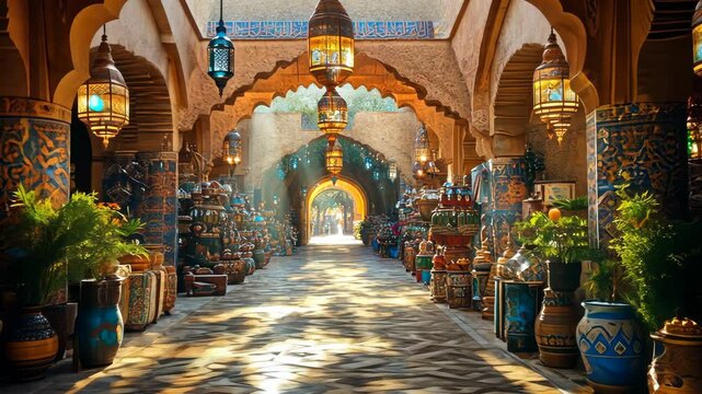 Sunlit Moroccan Bazaar: A Journey Through Colorful Crafts and Architecture