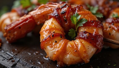 Delicious Grilled Bacon Wrapped Shrimp SkewersAppetizer Close Up