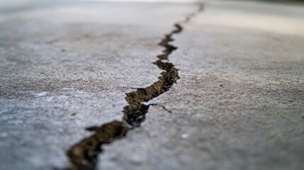 Fototapeta premium Close-up view of a deep crack in concrete pavement, revealing rough textures and colors.