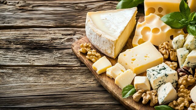 Assorted cheese platter with brie, blue cheese, swiss and nuts on rustic wooden board garnished with fresh herbs, close up view for gourmet food styling. - Powered by Adobe
