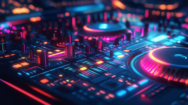 Closeup of Colorful Illuminated DJ Mixer Console