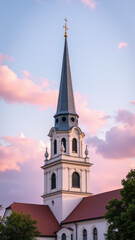 Fototapeta premium Historic church with tall steeple against sunset sky.