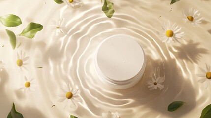 Minimalist White Skincare Jar on Smooth Water Surface with Floating Botanical Leaves. Copy space. Generative AI