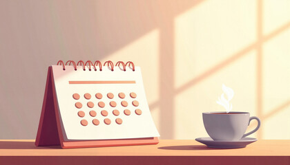 Gentle calendar illustration with warm coffee, inviting workspace