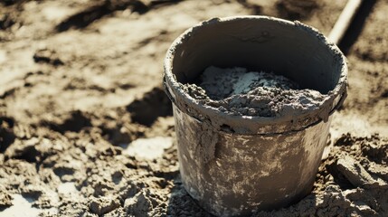 A grey bucket filled with fresh cement sits on a construction site, surrounded by scattered sand and gravel.