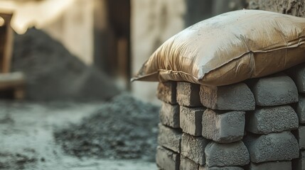 A close-up of a burlap sack resting on top of gray bricks at a construction site, showcasing an industrial setting.