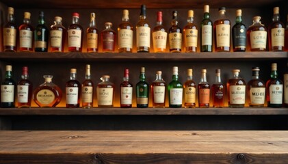 A collection of various whiskey bottles displayed on a rustic wooden shelf.