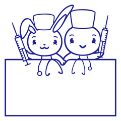 Rabbit Bird Chick Doctor Syringe Team 2 Friends Design Lover Art Vector Illustration Card T-Shirt Poster Sticker Graphic Print Decorative Drawing Isolated Logo Decoration Symbol Creative Cool Style
