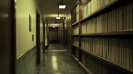 Long, dimly lit hallway with bookshelves and doors.