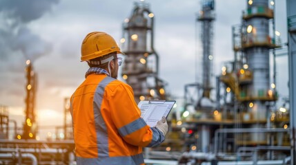 Man in an orange safety vest is standing in front of a large industrial plant