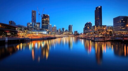 Night View of City Skyline with Illuminated Reflections
