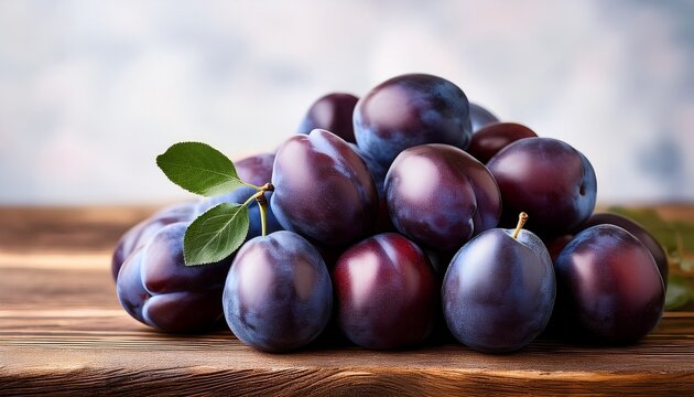 Blue plums on wooden table, harvested prune fruits in a pile- 55416