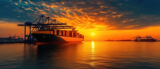 Naklejka premium Majestic Sunset at the Port: Container Ship at Golden Hour
