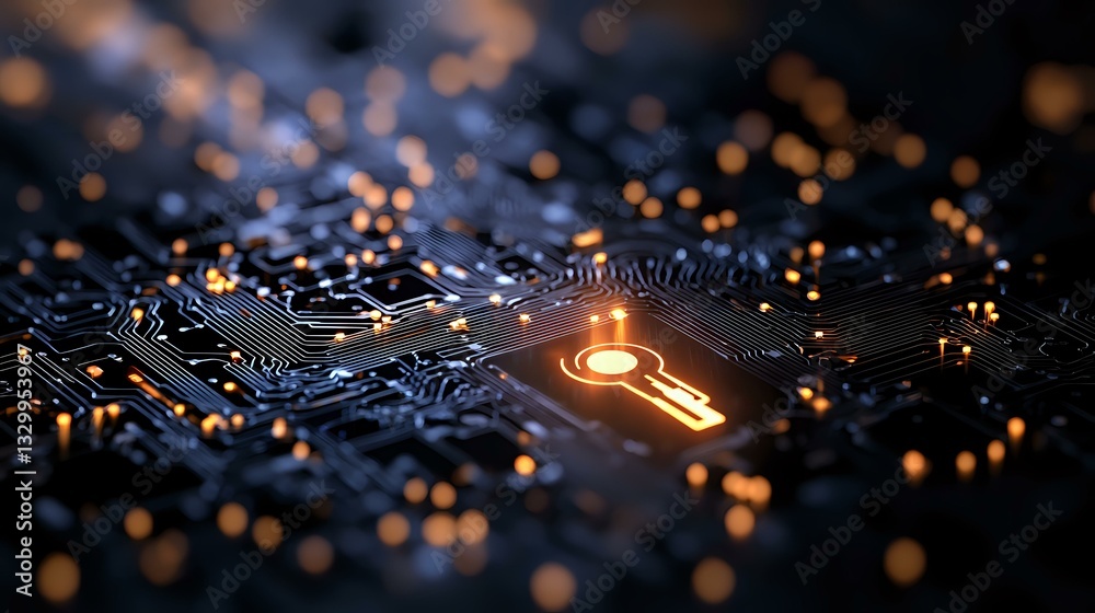 Poster glowing key icon on circuit board with orange bokeh lights creates cybersecurity concept. dark tech 