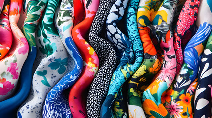 Vibrant bunch of colorful fabric textiles displaying bold prints illuminated by bright daylight creating a cheerful and lively atmosphere.