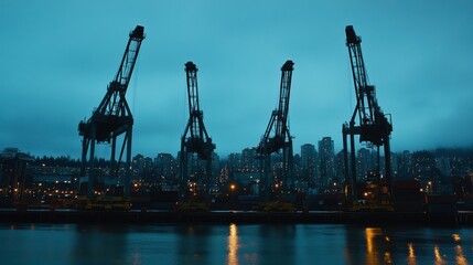 Obraz premium Nighttime City Skyline with Silhouetted Cranes