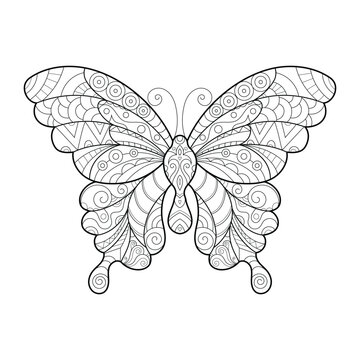 Zentangle inspired butterfly. Black and white vector image to color in bohemian style.