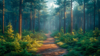 Obraz premium Misty Evergreen Forest, Cinematic Landscape, Serene Nature View