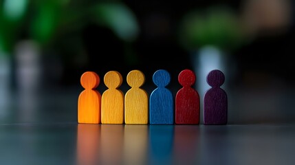 Colorful wooden figures arranged in rainbow order symbolizing diversity, unity, and teamwork. Standing together on reflective surface against dark background.