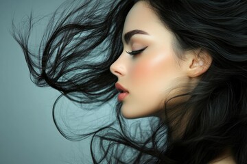 Naklejka premium Profile of a beautiful young woman with long, flowing black hair, showcasing perfect skin and makeup