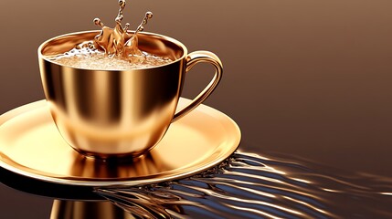 Coffee splash gold cup drink on saucer, brown style