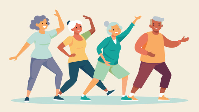 A group of seniors eagerly participating in a lowimpact Zumba class keeping their bodies active and minds sharp.. Vector illustration