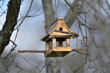 Handmade wooden birdhouse hanging on a tree branch in winter