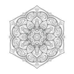 Vector Black and White Mandala Pattern. Intricate Spiritual Lace Tattoo with Islamic, Arabic, Indian, and Ottoman Influences. Zentangle inspired image to color.