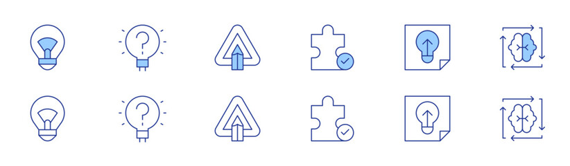Creativity icon set in two styles, Duotone and Thin Line style. Editable stroke. problem solving, idea, brainstorming, no idea, attention