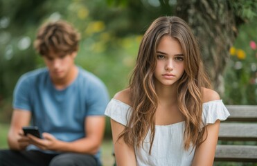 Obraz premium Young woman sitting on bench, boyfriend distracted by phone, not talking to her