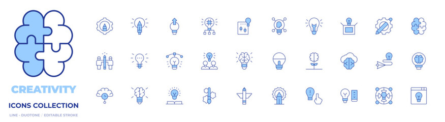 Creativity icons collection. Line Duotone style, editable stroke. paint brush, teamwork, exchange ideas, bulb, thinking, innovation, cloud, light bulb, trade, idea